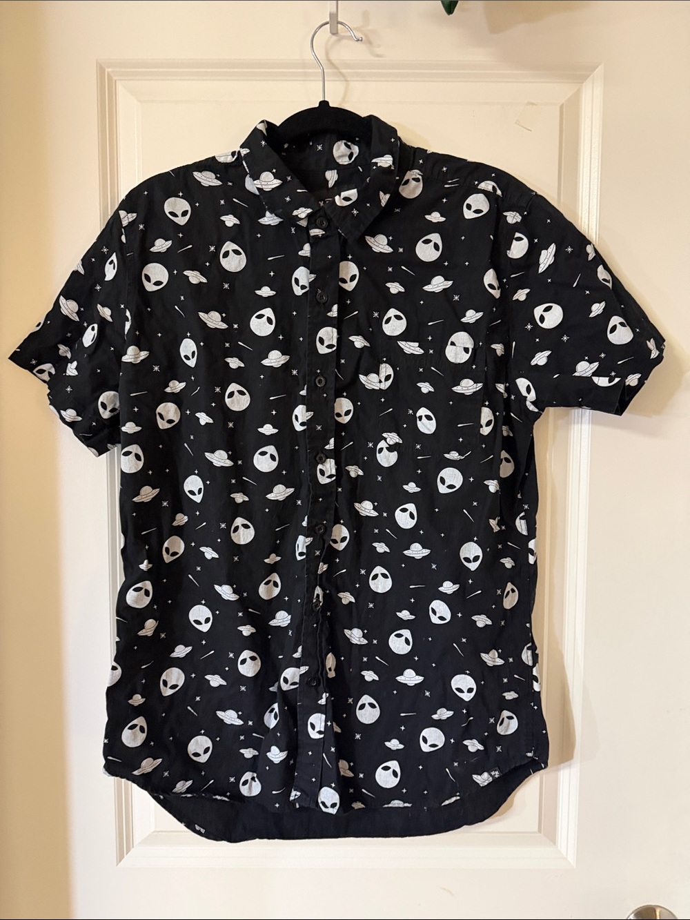 RUDE Black Short-Sleeve Button-Up with White Alien & UFO Pattern